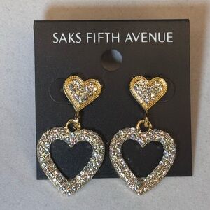 Saks Fifth Avenue Gold Tone Dangling Heart  Crystal Post Earrings 1.5in